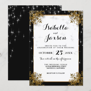 Elegante Sternenhochzeit in Schwarz und Gold Einladung