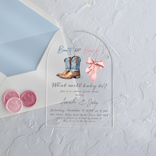Elegante Stiefel oder Bows Blue Pink Gender Reveal Acryleinladungen (Von Creator hochgeladen)