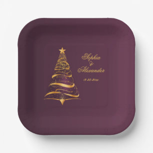 Elegante stilvolle goldene Weihnachtsbaum-Hochzeit Pappteller