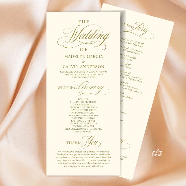 Elegante, stilvolle Goldschrift-Hochzeitszeremonie Programm (Elegant Classy Gold Script Wedding Ceremony Order Program Card in Gold Yellow Cream)