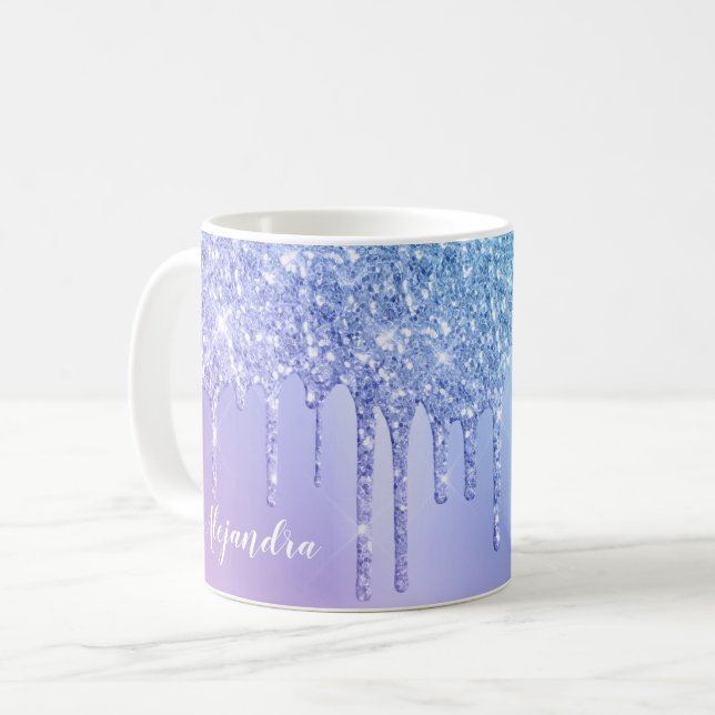 Elegante, stilvolle Kick-Blue & lila Glitzer Tropf Kaffeetasse (Vorderseite Links)