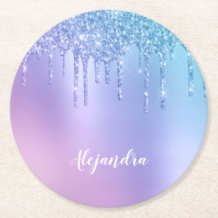 Elegante, stilvolle Kick-Blue & lila Glitzer Tropf Runder Pappuntersetzer