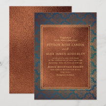Elegante stilvolle Kupfer-Teal-Damask-Hochzeitsein