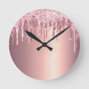 Elegante, stilvolle Kupfergold-Rose-Glitzer-Tropfe Runde Wanduhr