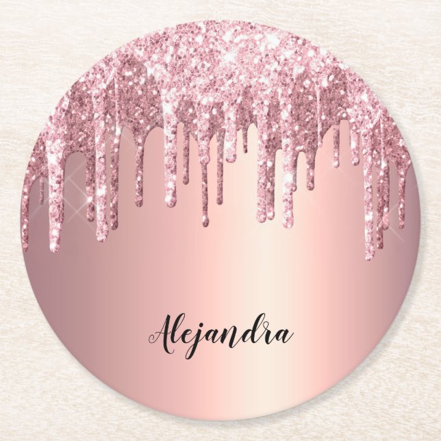 Elegante, stilvolle Kupfergold-Rose-Glitzer-Tropfe Runder Pappuntersetzer (Vorderseite)