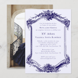 Elegante, stilvolle, marineblaue Quinceañera zum 1 Einladung
