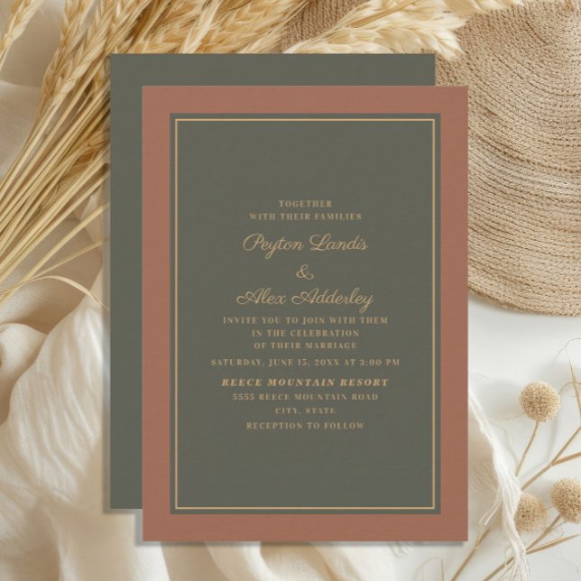 Elegante stilvolle Rost Moss Grüne Herbsthochzeit Einladung (Terracotta/burnt orange and dark sage/olive green wedding invitation)