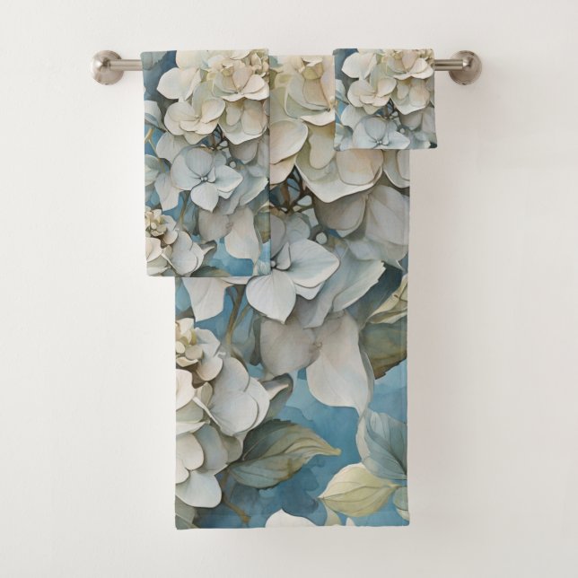 Elegante stimmungsvolle blaue Aquarellblumen Badhandtuch Set (Insitu)