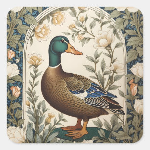 Elegante Stockente, inspiriert von William Morris Quadratischer Aufkleber