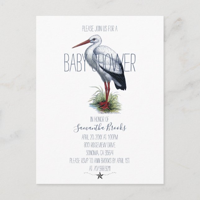 Elegante Stork Baby Shower Einladung Postkarte (Vorderseite)