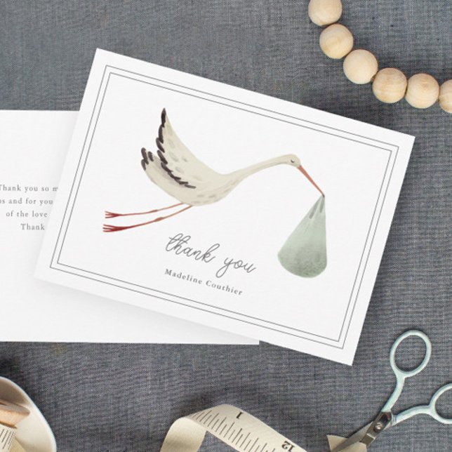 Elegante Stork Gender Neutral Baby Shower Dankeskarte (Elegant hand painted stork sage gender neutral baby shower thank you cards.)