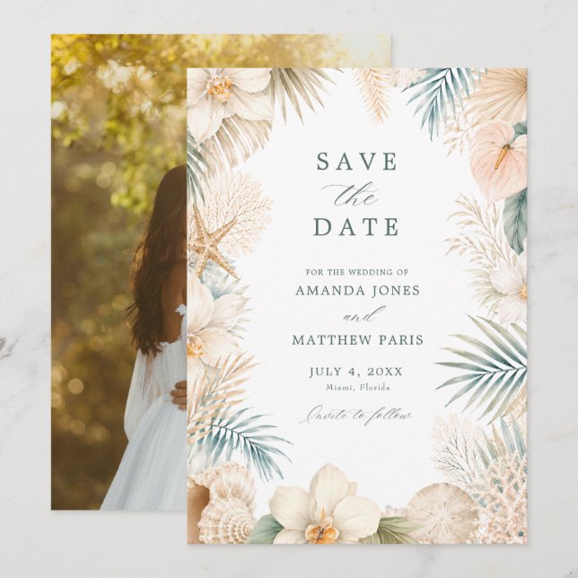 Elegante Strandhochzeit Foto  Save The Date (Vorne/Hinten)