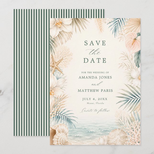 Elegante Strandhochzeit mit Küstenstreifen  Save The Date (Vorne/Hinten)