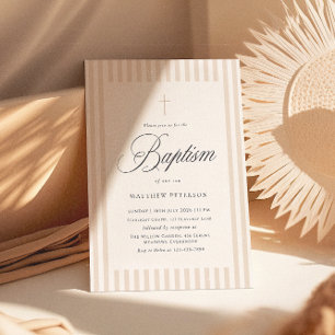 Elegante Streifen Beige Kalligrafie Taufe Einladung