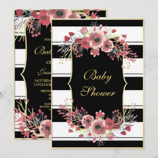 Elegante Streifen-Blumen-Aquarell-Baby-Party Einladung