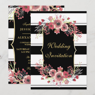 Elegante Streifen-Blumen-Aquarell-Hochzeit Einladung