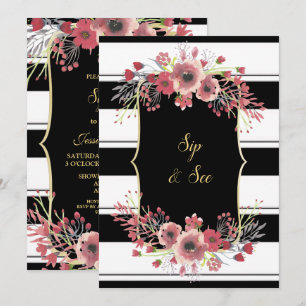 Elegante Streifen-Blumen-Aquarell-Sip-&-See-Karten Einladung