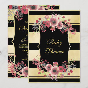 Elegante Streifen-BlumenAquarell-Babyparty Einladung