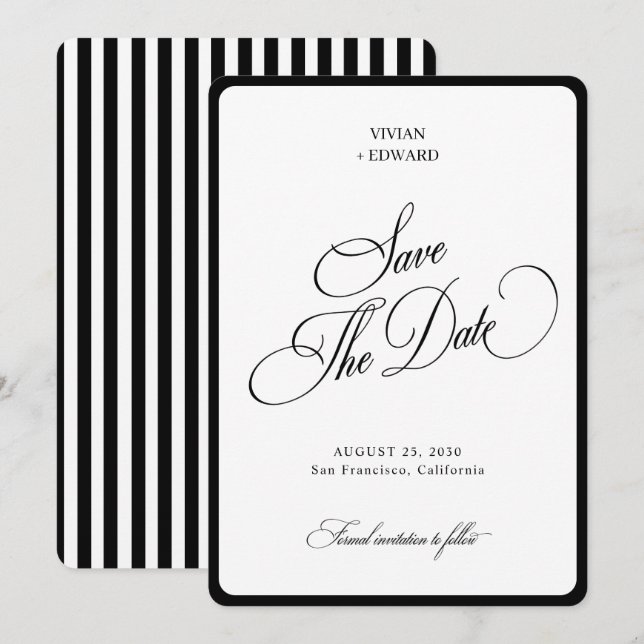 Elegante Streifen Border Schwarz-Weiß-Hochzeit Save The Date (Vorne/Hinten)