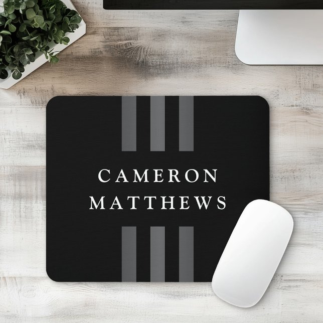 Elegante Streifen schwarz dunkelgrau Name oder Ges Mousepad (Elegant stripes black dark gray name or business mouse pad)