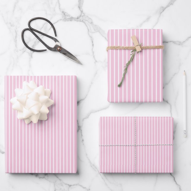 Elegante Streifen Weiß - Hellrosa  Geschenkpapier Set (Vorderseite)
