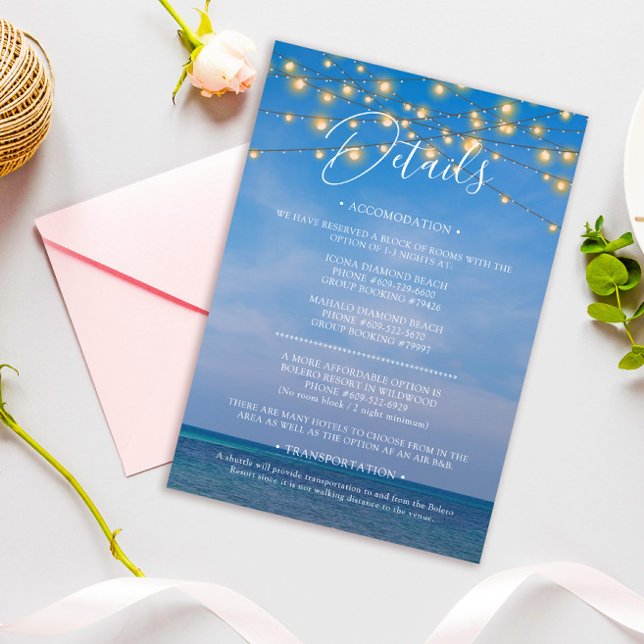 Elegante String Lights Beach Wedding Details Card (Von Creator hochgeladen)