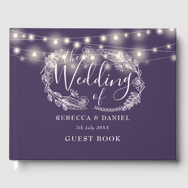 Elegante String Lights Lila Hochzeit Gästebuch (Vorderseite)