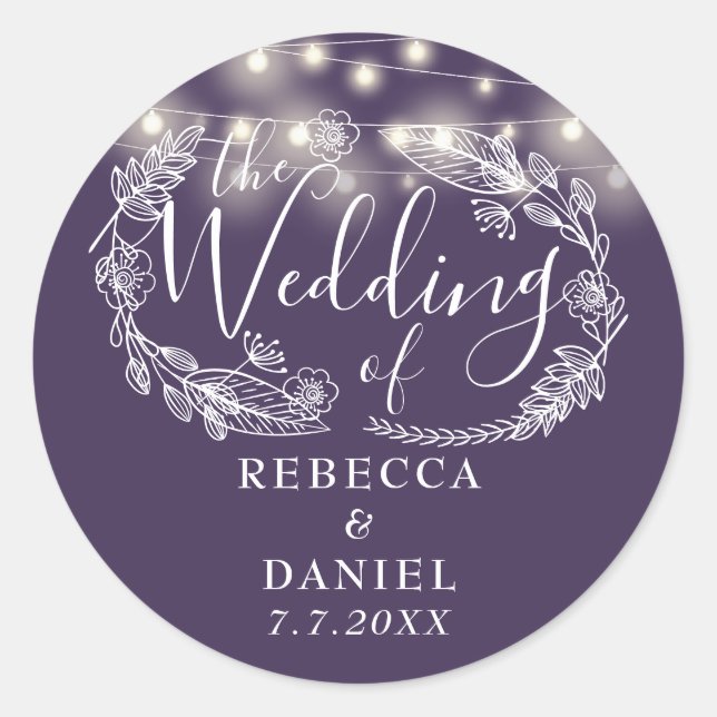 Elegante String Lights Lila Hochzeit Runder Aufkleber (Vorderseite)
