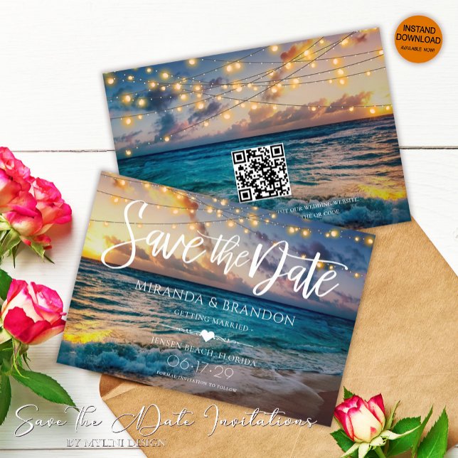 Elegante String Lights QR Code Sunset Beach Weddin Save The Date (Von Creator hochgeladen)