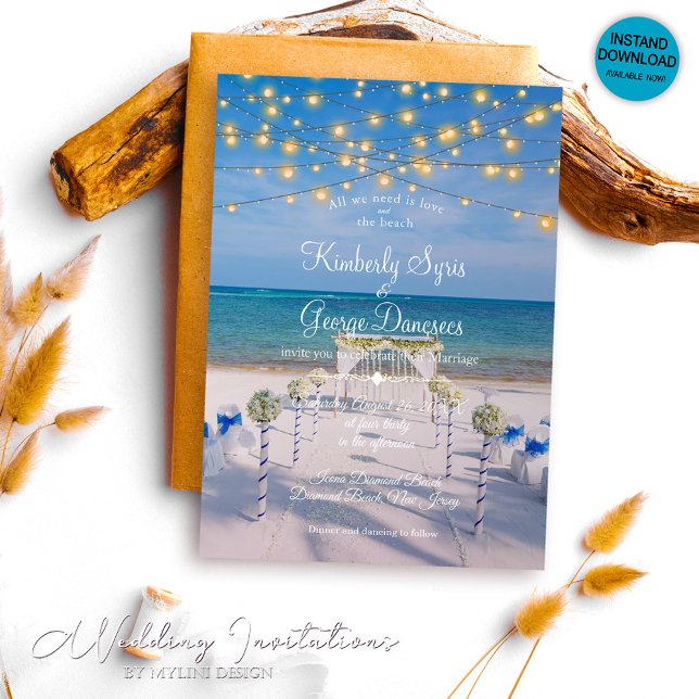 Elegante String Lights Summer Ocean Beach Wedding Einladung (Von Creator hochgeladen)