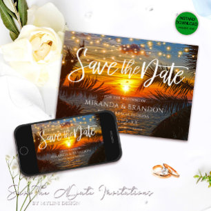 Elegante String Lights Sunset Summer Beach Wedding Save The Date