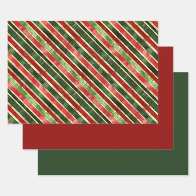 Elegante Stripes Gold Rote grüne Weihnachten Geschenkpapier Set (Set)
