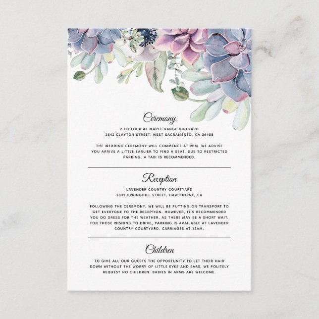 Elegante Succulent Florals Hochzeitsinformationen Begleitkarte (Vorderseite)