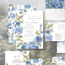 Elegante Summer Floral Blue and White Wedding Einladung