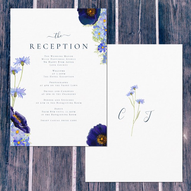 Elegante Summer Floral Blue Wedding Reception Begleitkarte (Beautiful hand painted spring and summer florals including wildflowers by artist Catherine Sweetman )