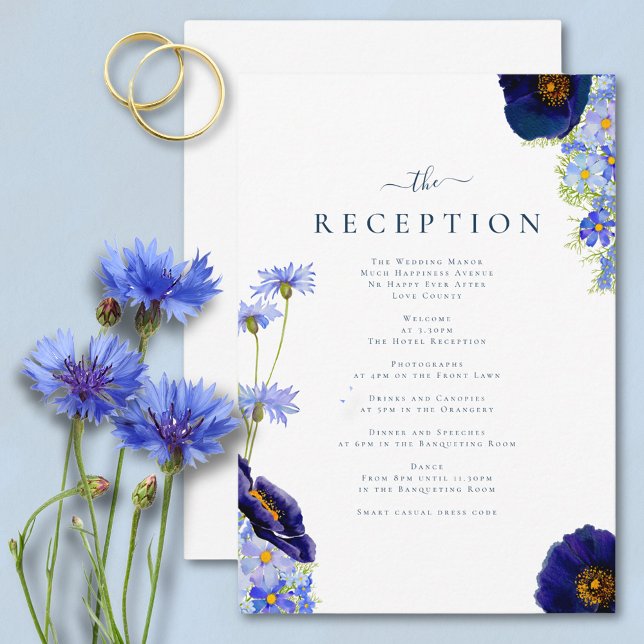 Elegante Summer Floral Blue Wedding Reception Begleitkarte (Elegant wildflower watercolor summer floral blue wedding reception card with modern typography )