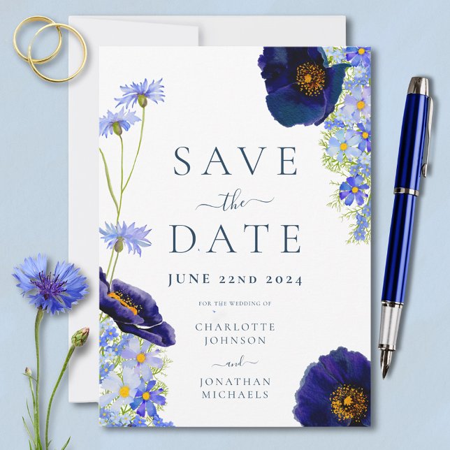 Elegante Summer Floral Blue Wedding Save The Date (Elegant blue floral wedding save the date invitation with stylish typography )