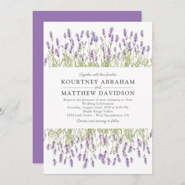 Elegante Summer Lavender Floral Lilac Wedding Einladung (Vorne/Hinten)