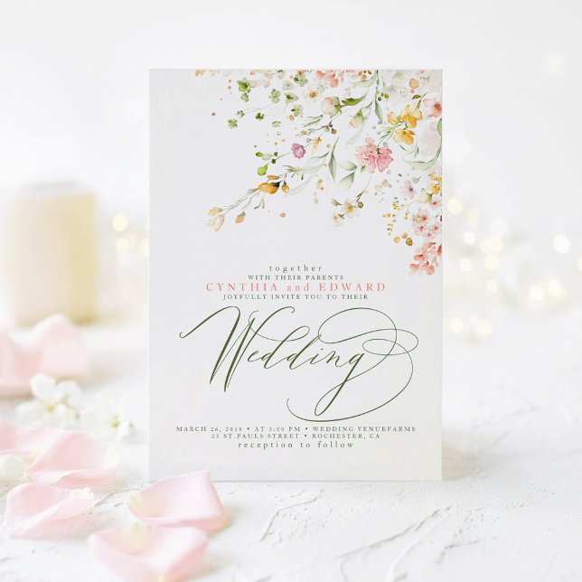 Elegante Summer Meadow Wildblumen Boho Wedding Einladung (Soft Wildflowers Wedding Invitations)