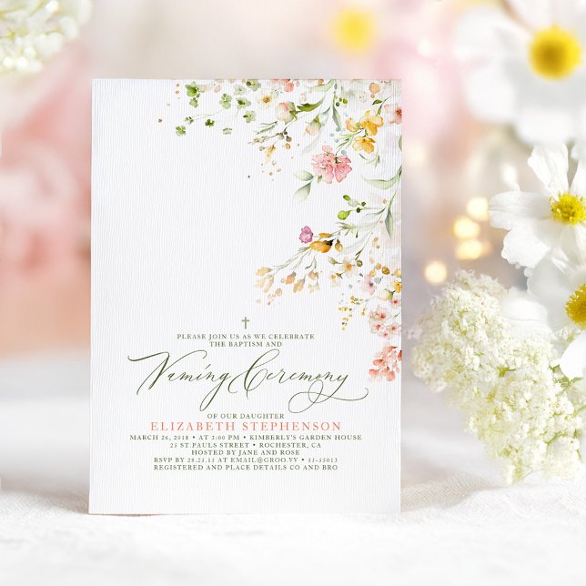 Elegante Summer Meadow Wildblumen - Namensfeier Einladung (Wildflowers Baptism and Naming Ceremony Invitation)