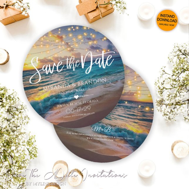 Elegante Summer Sunset Beach String Lights Hochzei Save The Date (Von Creator hochgeladen)