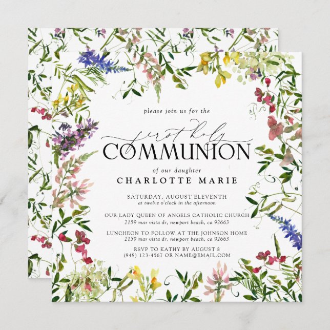 Elegante Summer Wildblume Erste Heilige Kommune Einladung (Vorne/Hinten)