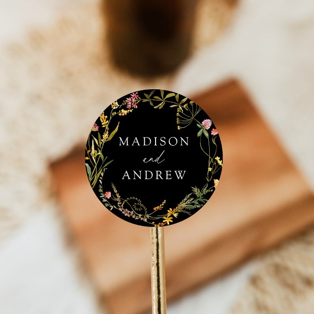 Elegante Summer Wildblume Wreath Black Wedding Runder Aufkleber (Von Creator hochgeladen)