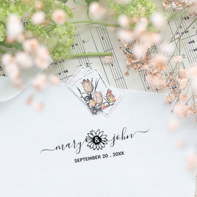 Elegante Sunflower Script Couple Save the Date Gummistempel (Von Creator hochgeladen)