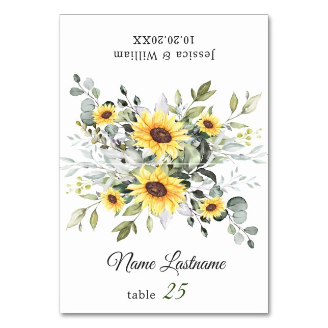 Elegante Sunflowers Eucalyptus Wedding Escort Card Tischnummer (Vorderseite)