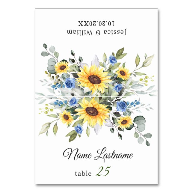 Elegante Sunflowers Eucalyptus Wedding Escort Card Tischnummer (Vorderseite)
