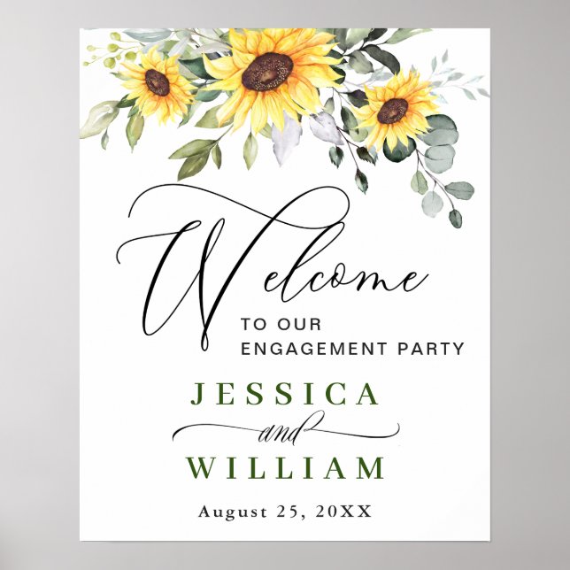 Elegante Sunflowers Eukalyptus Engagement Party Poster (Vorne)