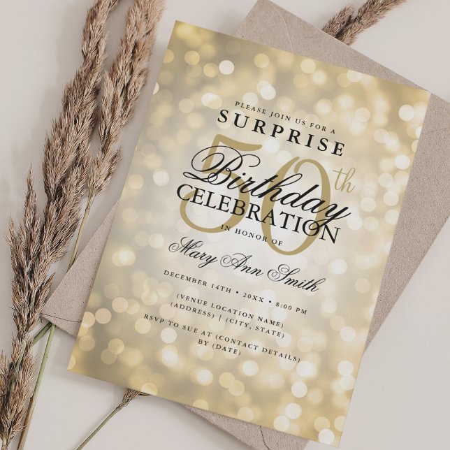 Elegante SURPRISE 50. Geburtstag Glam Gold Lights Einladung (Elegant SURPRISE 50th Birthday Glam Gold Lights Invitation)