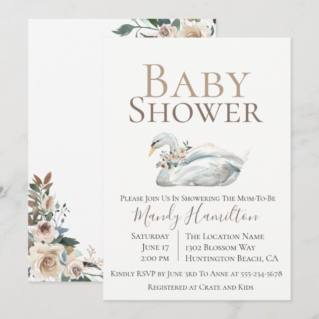 Elegante Swan Floral Neutral Baby Shower Einladung (Vorne/Hinten)