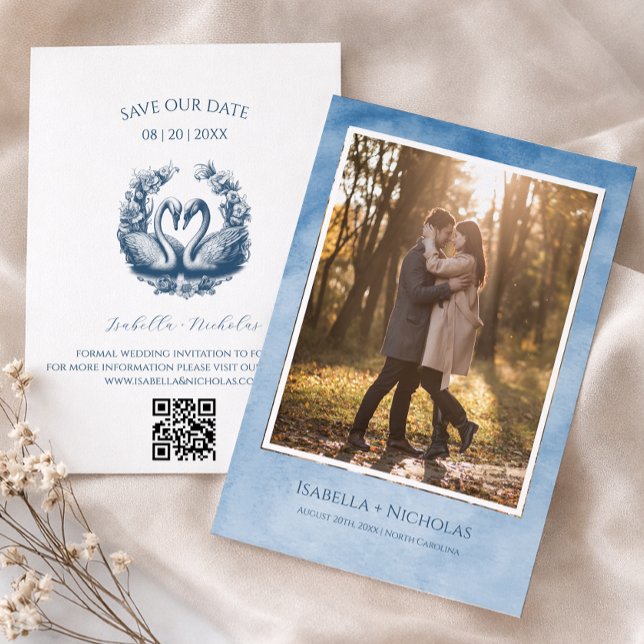 Elegante Swan Foto Save the Date Karte (Save Our Date - Romantic Request)